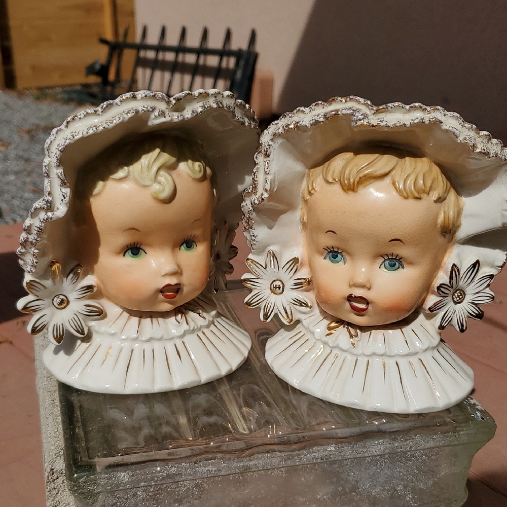 Vintage Ceramic Child Planters with Hats - Cream and White